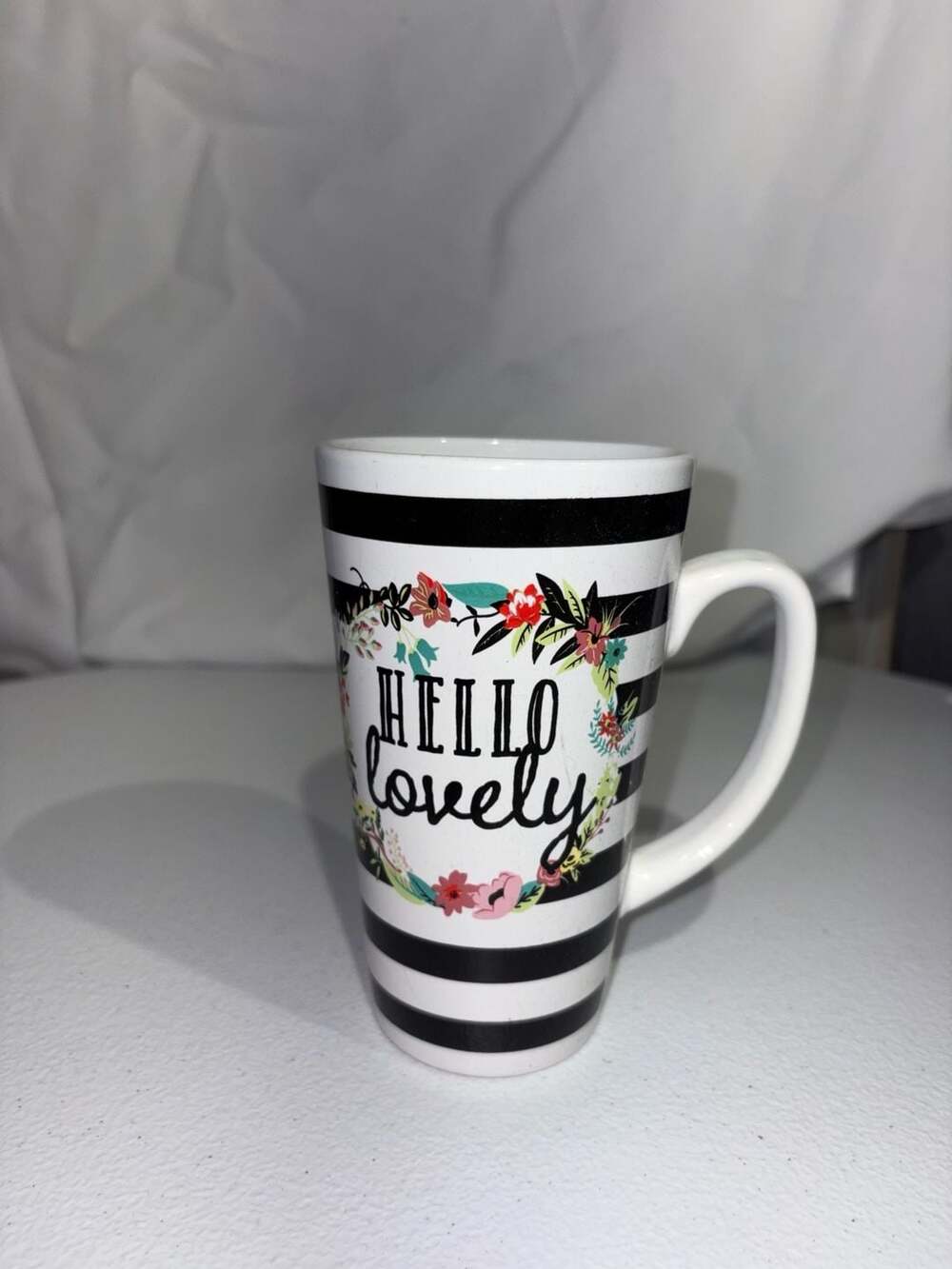 Hello Lovely Floral and Black Stripe Latte Mug